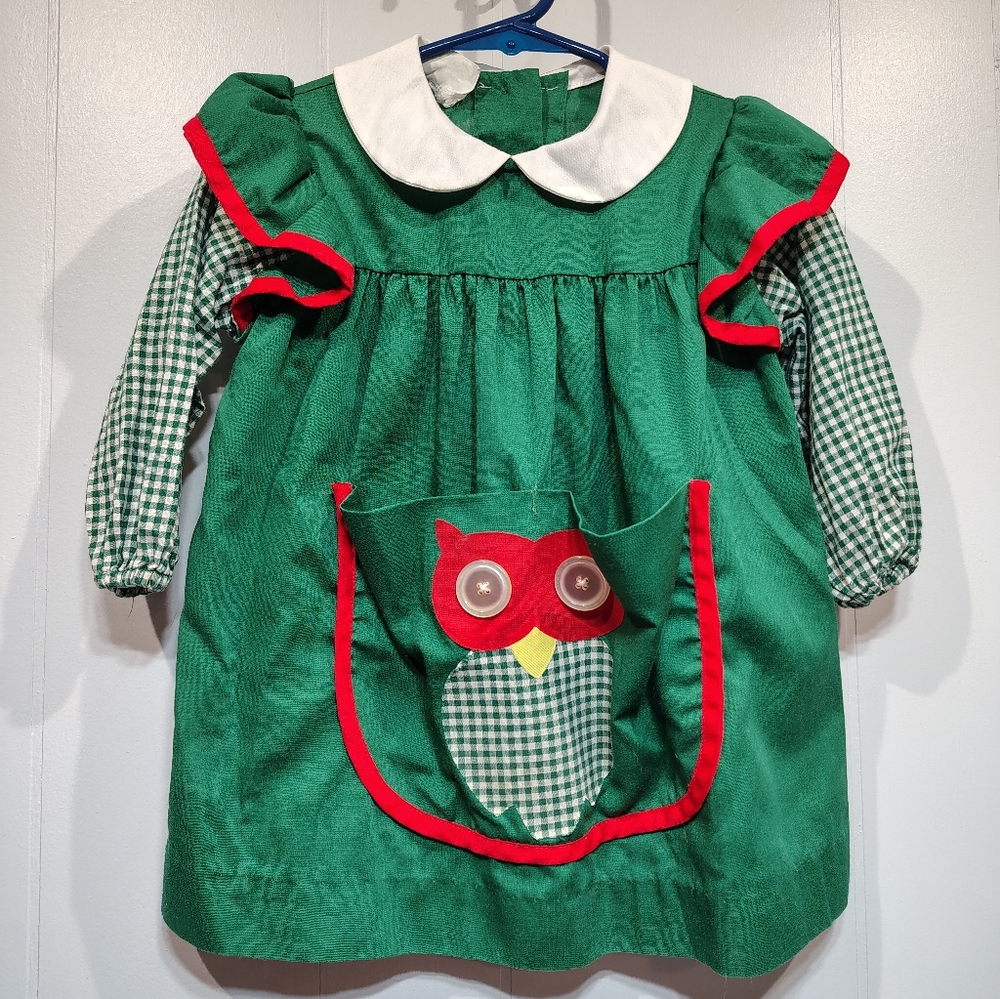 Vintage Kate Greenaway 4T‎ Gingham Owl Dress Holiday Retro Cottagecore